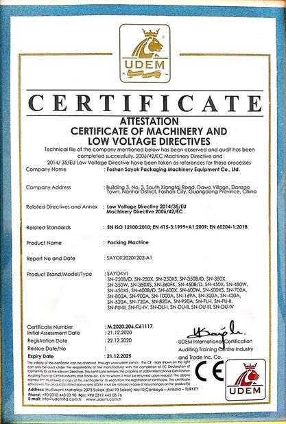 Chine Foshan Sayok Intelligent Machinery Co., Ltd.， certifications